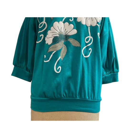 Vintage K.T. Sports Womens Casual Shirt Top Green Floral 3/4 Sleeve S - Picture 3 of 7